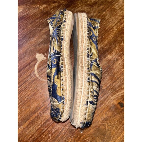 PRADA Casual Preppy Festival Brocade Navy Blue & Gold Fabric Espadrilles 37 / 7 - Picture 4 of 15